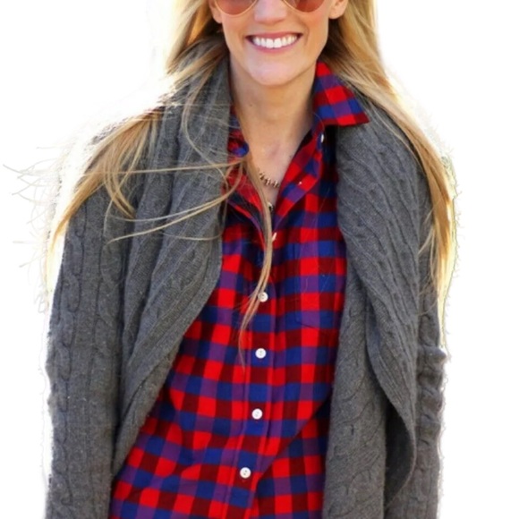 J. Crew Flannel Boy Shirt in Poppy Red & Blue Gingham - Picture 2 of 5